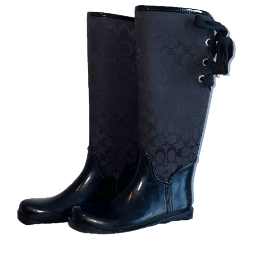 COACH Tristee Black Lace-Up Corset Signature Logo Rain Boots Black - Sz 8B